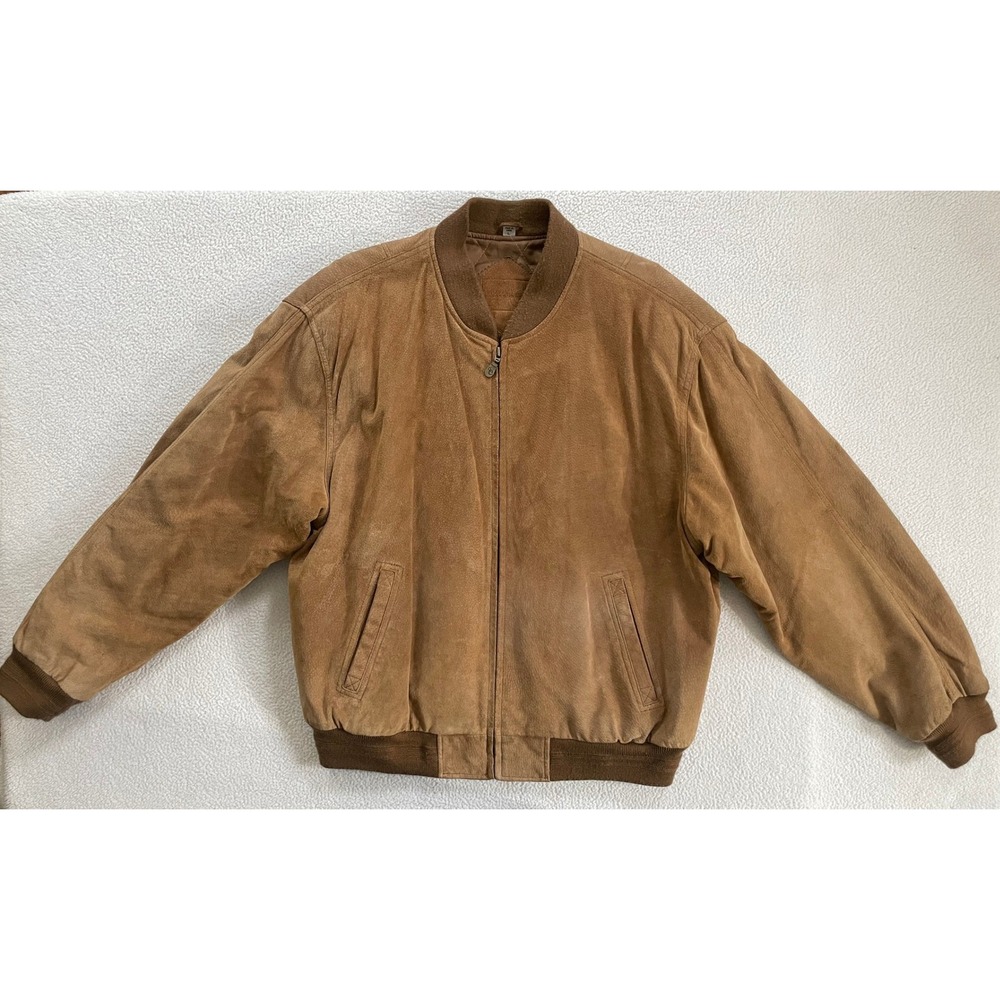 Outdoor Exchange Mens Large Bomber Jacket Tan Suede Quilted Lined Zip Up Y2k